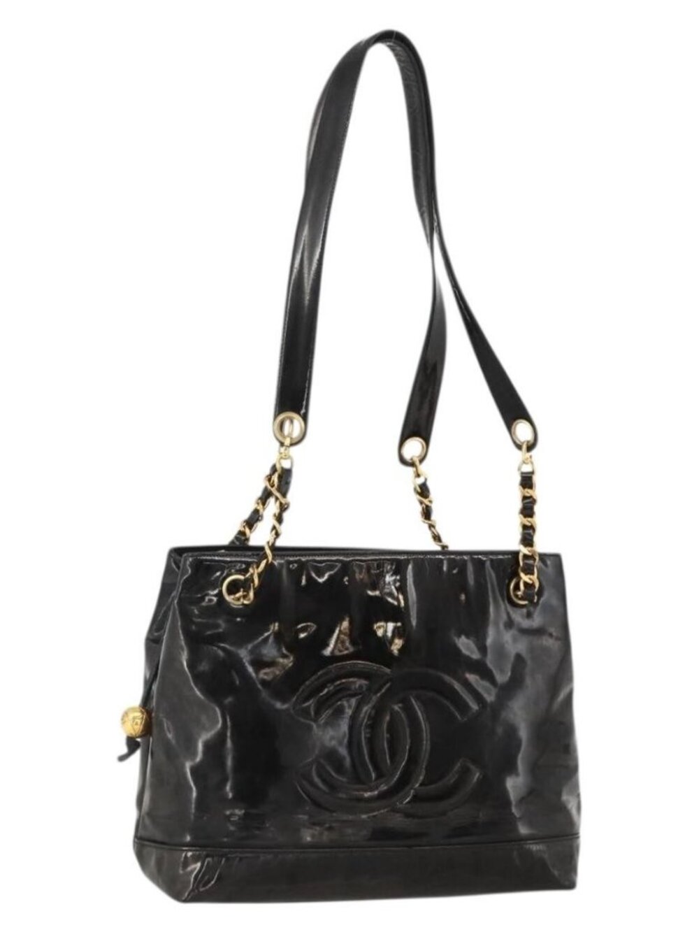 CHANEL Chain Tote Bag Patent Leather Black Gold CC Auth bs34313